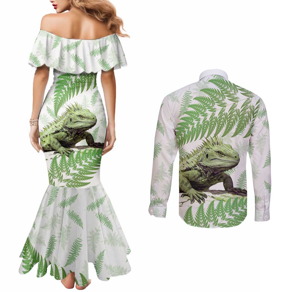 Green New Zealand Tuatara Couples Matching Mermaid Dress and Long Sleeve Button Shirt Aotearoa Sphenodon Punctatus Silver Fern