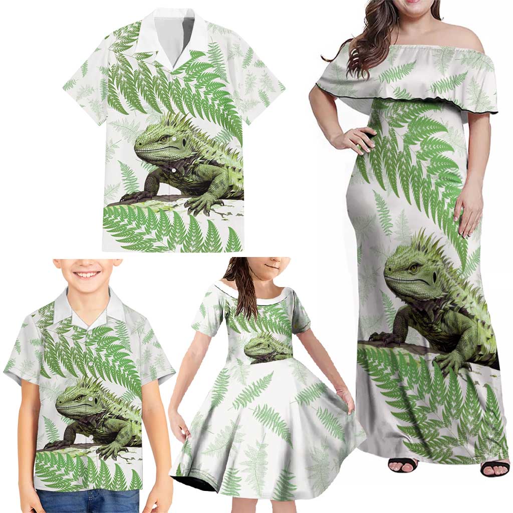 Green New Zealand Tuatara Family Matching Off Shoulder Maxi Dress and Hawaiian Shirt Aotearoa Sphenodon Punctatus Silver Fern LT14 - Polynesian Pride