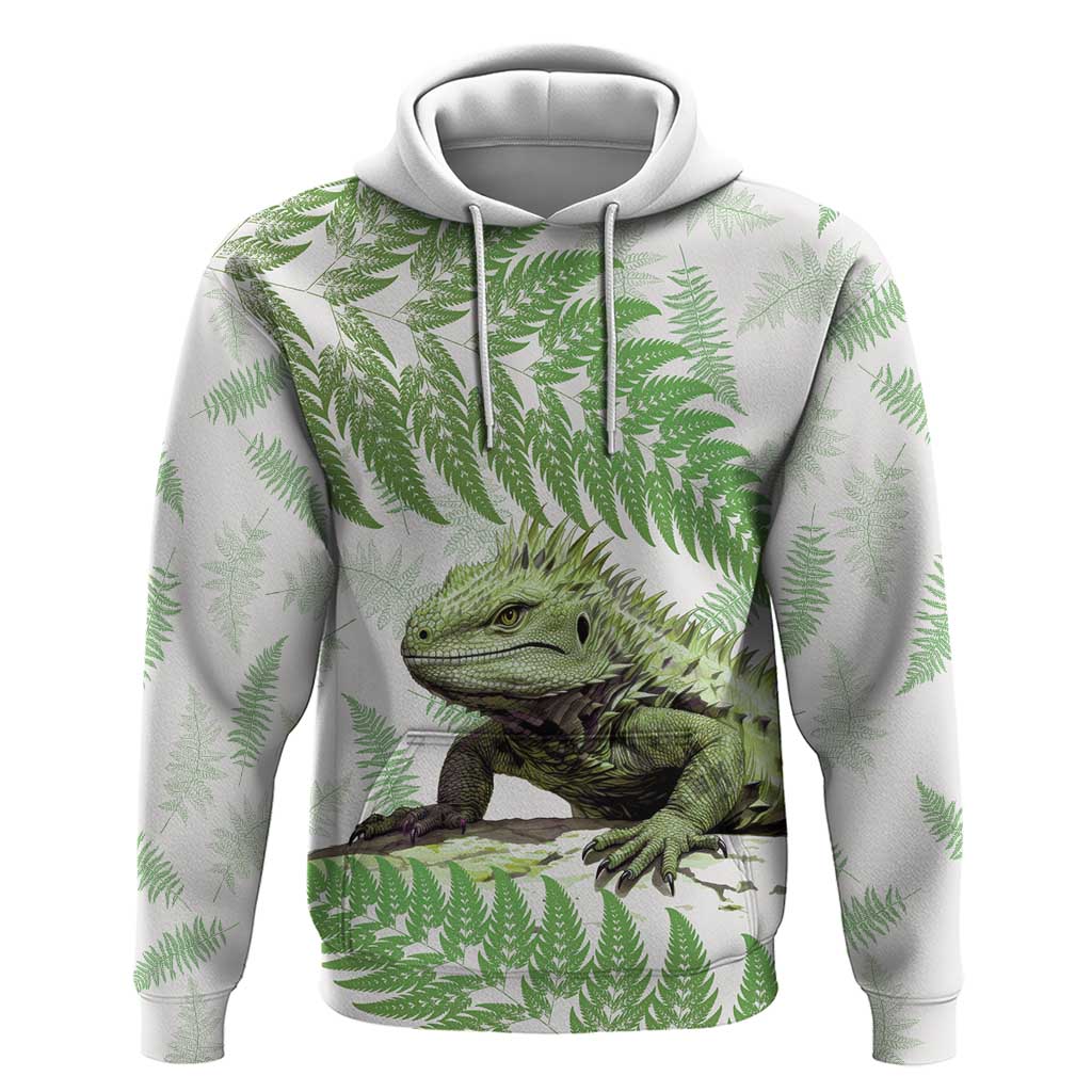 Green New Zealand Tuatara Hoodie Aotearoa Sphenodon Punctatus Silver Fern