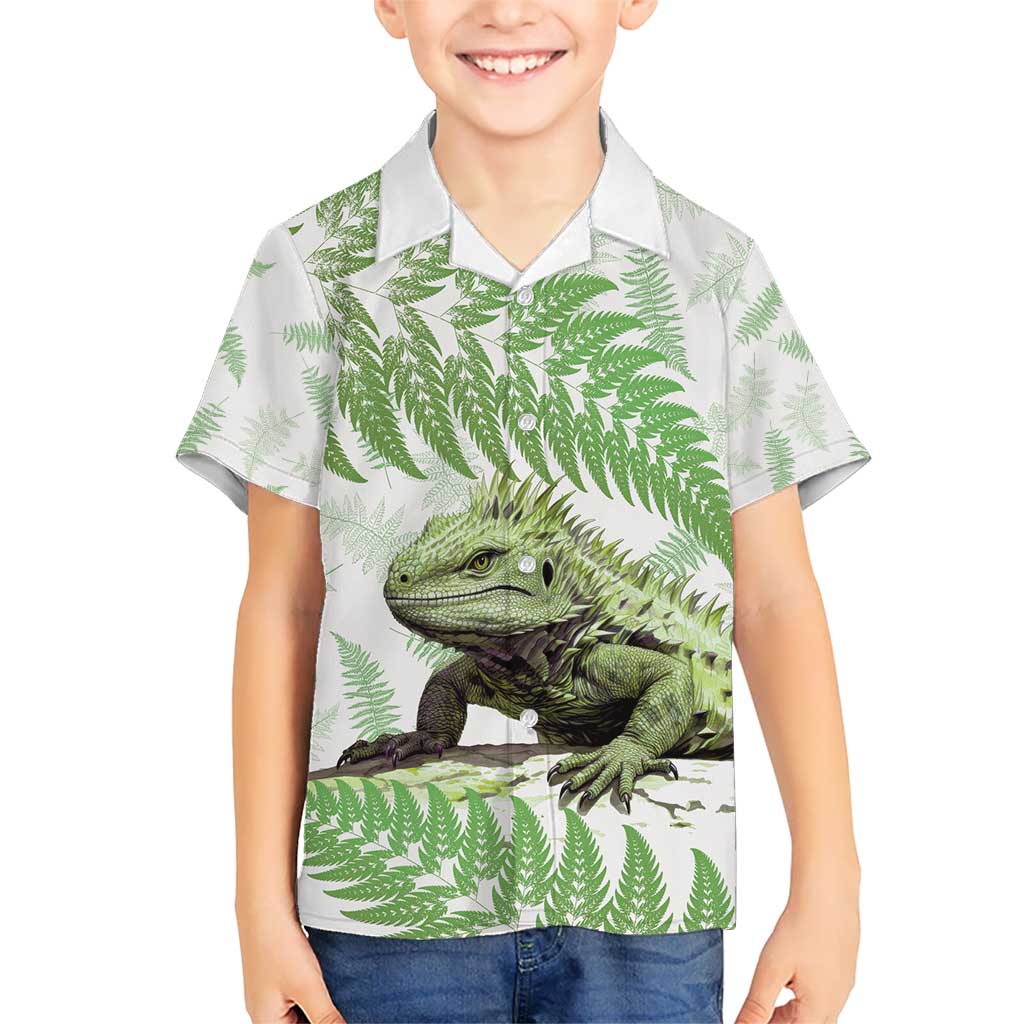 Green New Zealand Tuatara Kid Hawaiian Shirt Aotearoa Sphenodon Punctatus Silver Fern