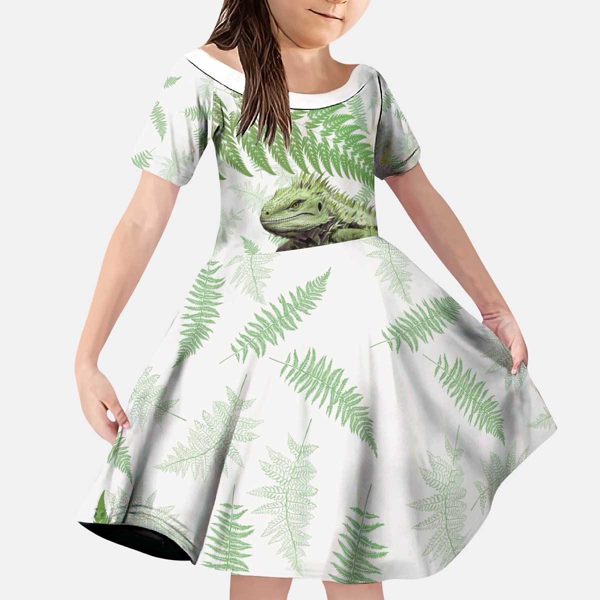 Green New Zealand Tuatara Kid Short Sleeve Dress Aotearoa Sphenodon Punctatus Silver Fern