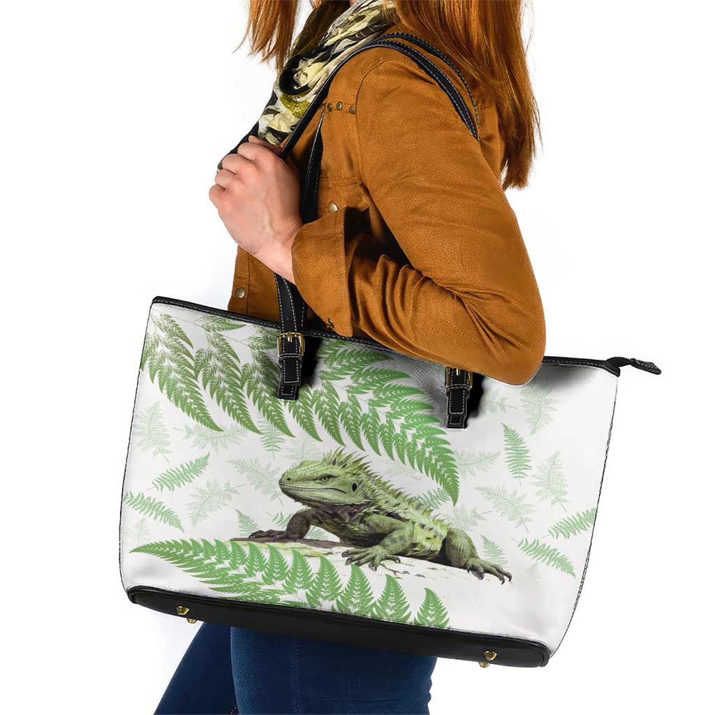 Green New Zealand Tuatara Leather Tote Bag Aotearoa Sphenodon Punctatus Silver Fern