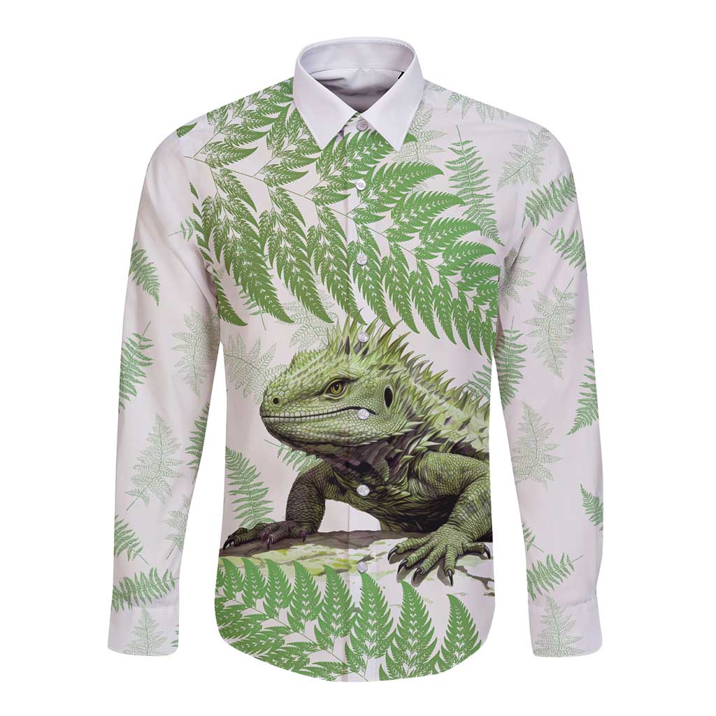 Green New Zealand Tuatara Long Sleeve Button Shirt Aotearoa Sphenodon Punctatus Silver Fern