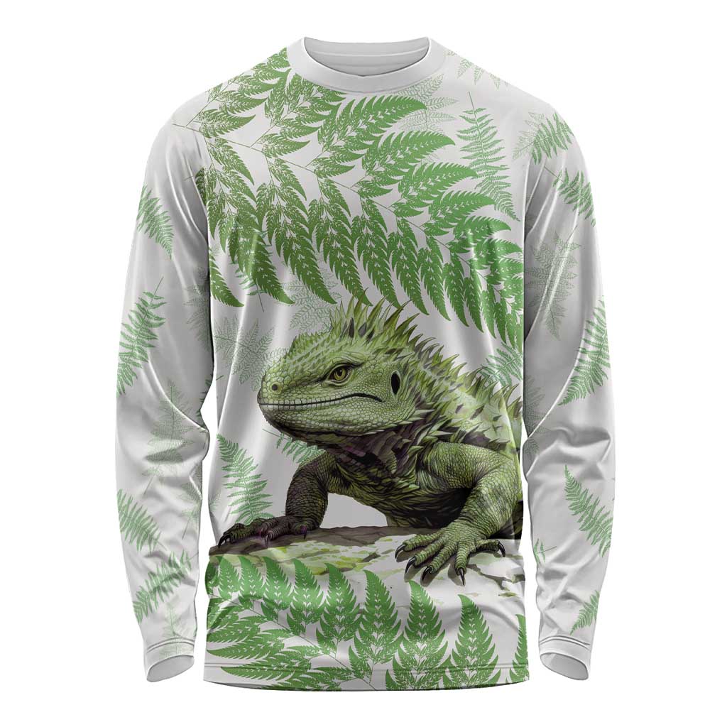 Green New Zealand Tuatara Long Sleeve Shirt Aotearoa Sphenodon Punctatus Silver Fern