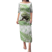 Green New Zealand Tuatara Puletasi Aotearoa Sphenodon Punctatus Silver Fern LT14 Long Dress Green - Polynesian Pride