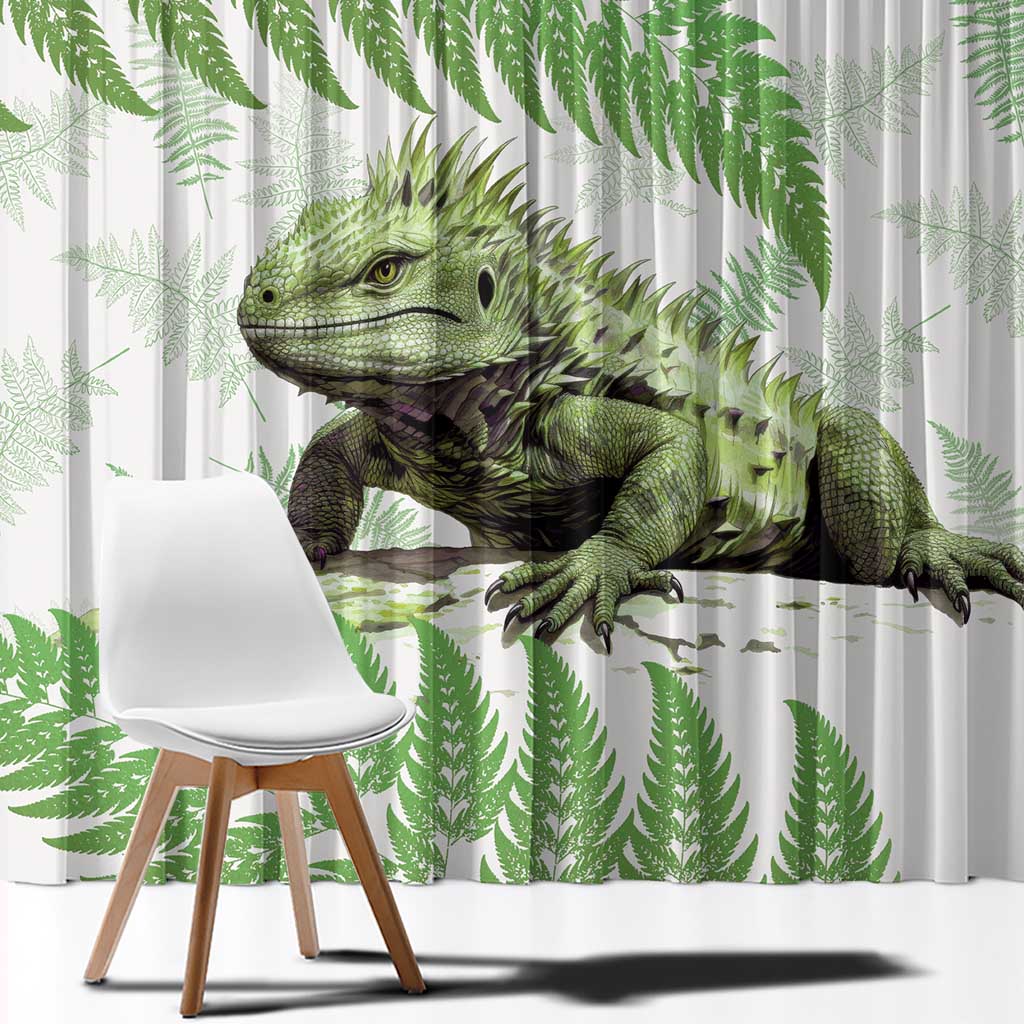 Green New Zealand Tuatara Window Curtain Aotearoa Sphenodon Punctatus Silver Fern LT14 - Polynesian Pride