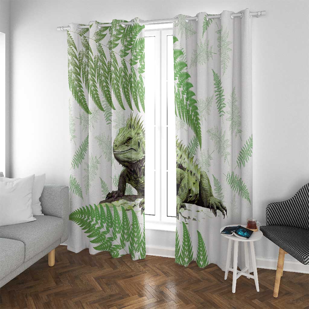 Green New Zealand Tuatara Window Curtain Aotearoa Sphenodon Punctatus Silver Fern LT14 With Grommets Green - Polynesian Pride