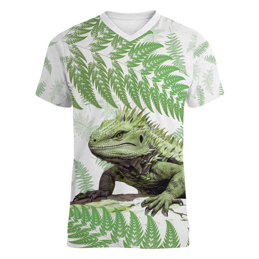 Green New Zealand Tuatara Women V-Neck T-Shirt Aotearoa Sphenodon Punctatus Silver Fern