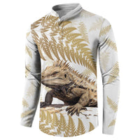 Gold New Zealand Tuatara Button Sweatshirt Aotearoa Sphenodon Punctatus Silver Fern LT14 - Polynesian Pride