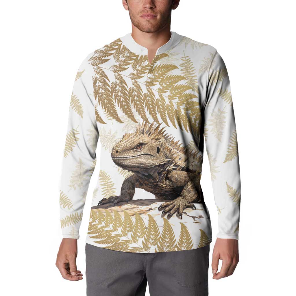 Gold New Zealand Tuatara Button Sweatshirt Aotearoa Sphenodon Punctatus Silver Fern LT14 - Polynesian Pride