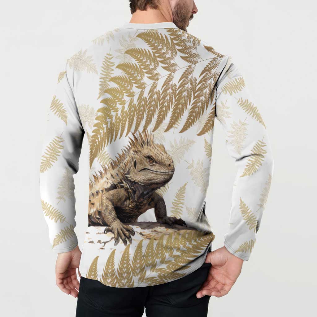 Gold New Zealand Tuatara Button Sweatshirt Aotearoa Sphenodon Punctatus Silver Fern LT14 - Polynesian Pride