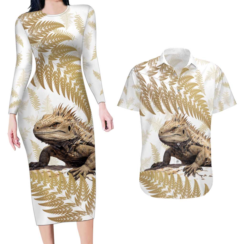 Gold New Zealand Tuatara Couples Matching Long Sleeve Bodycon Dress and Hawaiian Shirt Aotearoa Sphenodon Punctatus Silver Fern LT14 Gold - Polynesian Pride