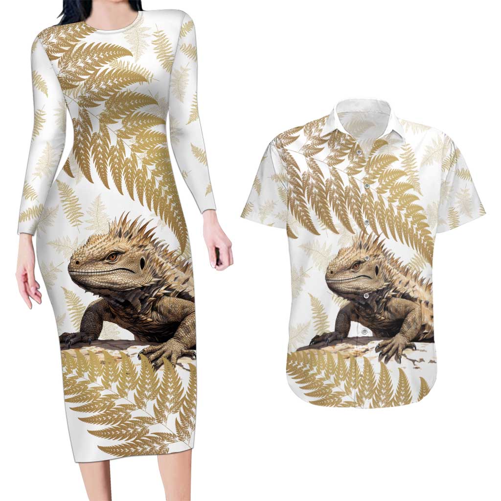 Gold New Zealand Tuatara Couples Matching Long Sleeve Bodycon Dress and Hawaiian Shirt Aotearoa Sphenodon Punctatus Silver Fern