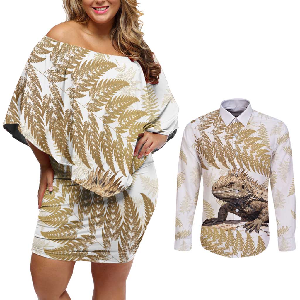 Gold New Zealand Tuatara Couples Matching Off Shoulder Short Dress and Long Sleeve Button Shirt Aotearoa Sphenodon Punctatus Silver Fern LT14 Gold - Polynesian Pride