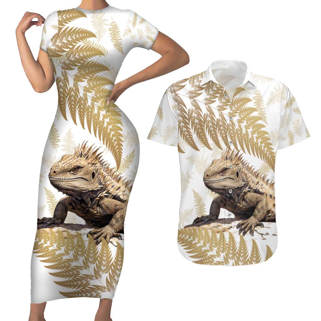 Gold New Zealand Tuatara Couples Matching Short Sleeve Bodycon Dress and Hawaiian Shirt Aotearoa Sphenodon Punctatus Silver Fern LT14 Gold - Polynesian Pride