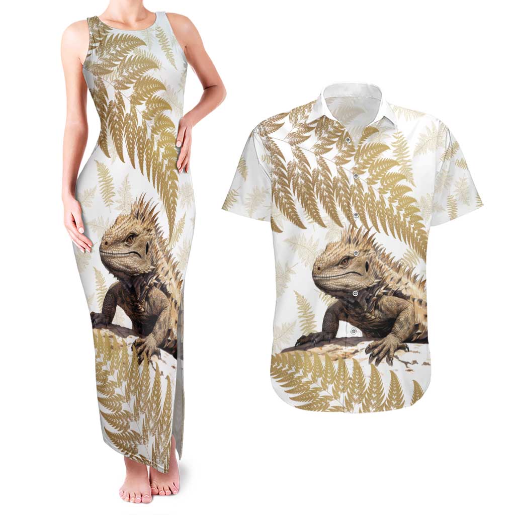 Gold New Zealand Tuatara Couples Matching Tank Maxi Dress and Hawaiian Shirt Aotearoa Sphenodon Punctatus Silver Fern LT14 Gold - Polynesian Pride