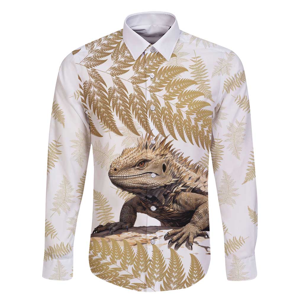 Gold New Zealand Tuatara Family Matching Long Sleeve Bodycon Dress and Hawaiian Shirt Aotearoa Sphenodon Punctatus Silver Fern