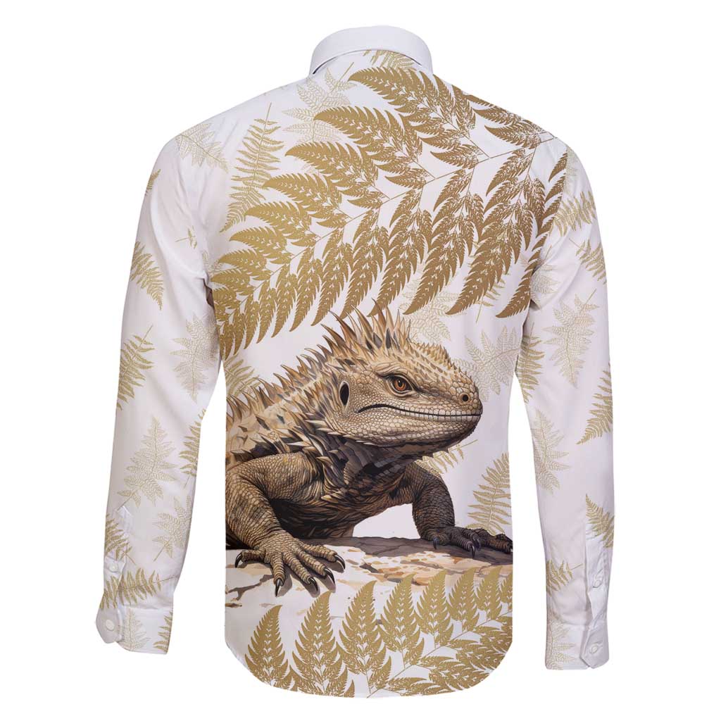 Gold New Zealand Tuatara Family Matching Long Sleeve Bodycon Dress and Hawaiian Shirt Aotearoa Sphenodon Punctatus Silver Fern