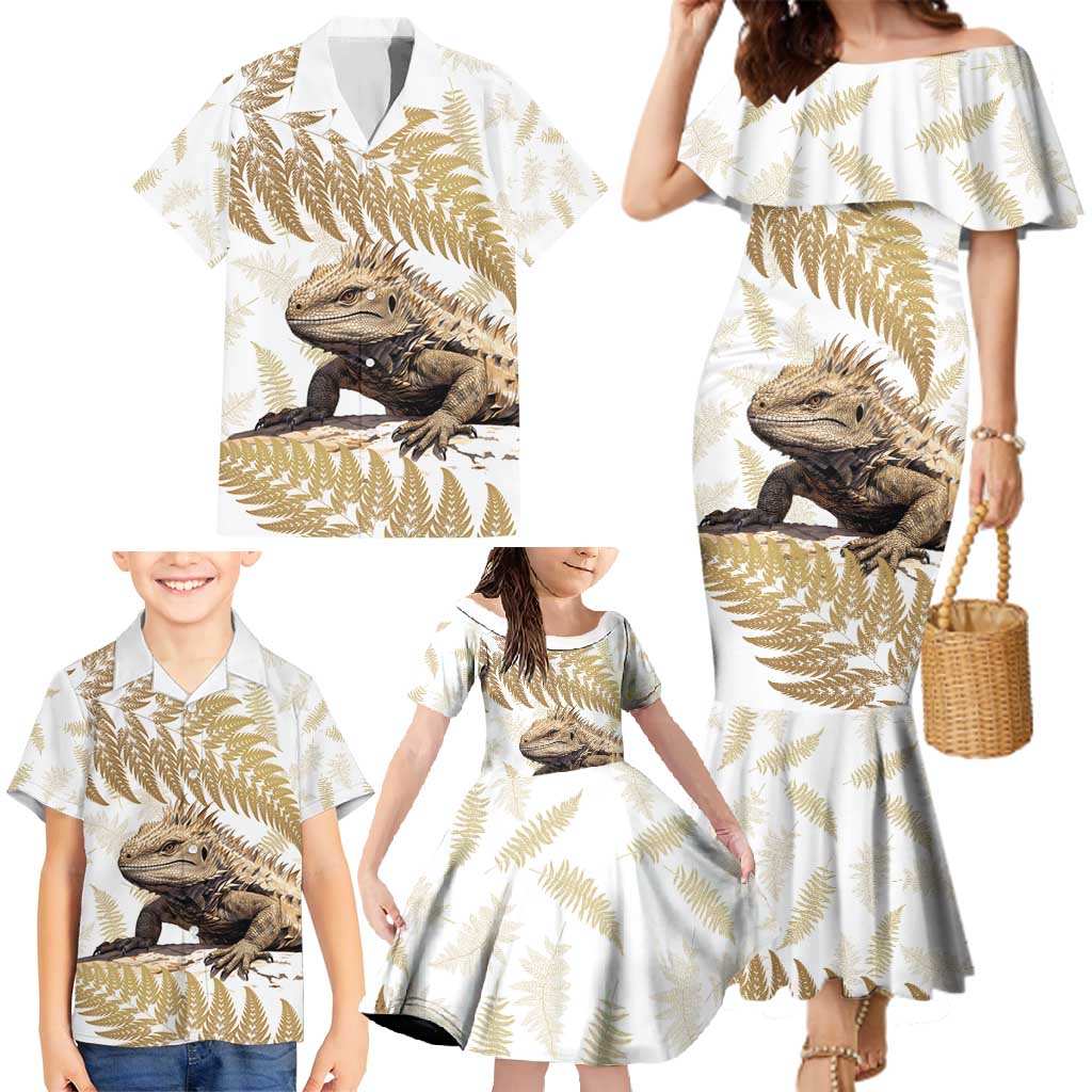 Gold New Zealand Tuatara Family Matching Mermaid Dress and Hawaiian Shirt Aotearoa Sphenodon Punctatus Silver Fern