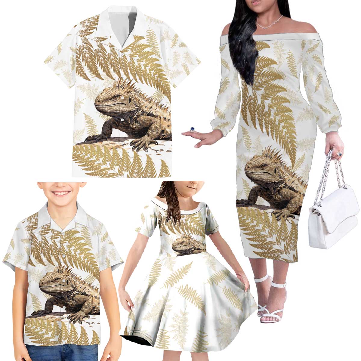 Gold New Zealand Tuatara Family Matching Off The Shoulder Long Sleeve Dress and Hawaiian Shirt Aotearoa Sphenodon Punctatus Silver Fern