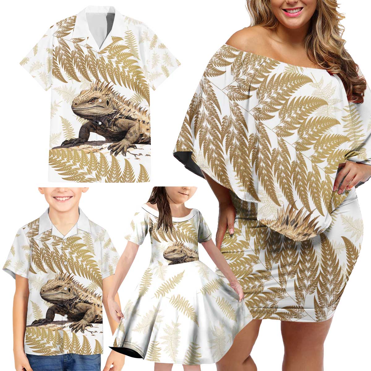 Gold New Zealand Tuatara Family Matching Off Shoulder Short Dress and Hawaiian Shirt Aotearoa Sphenodon Punctatus Silver Fern LT14 - Polynesian Pride