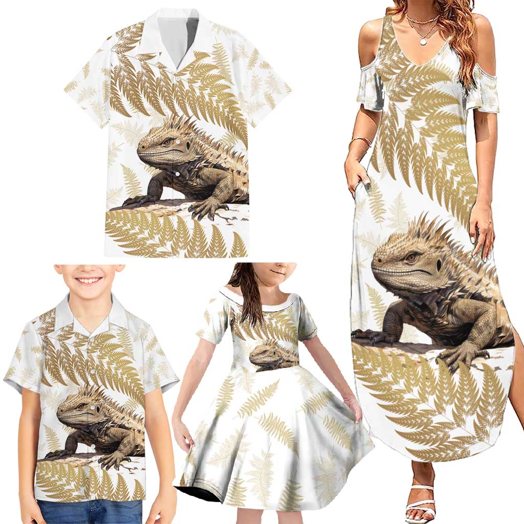 Gold New Zealand Tuatara Family Matching Summer Maxi Dress and Hawaiian Shirt Aotearoa Sphenodon Punctatus Silver Fern