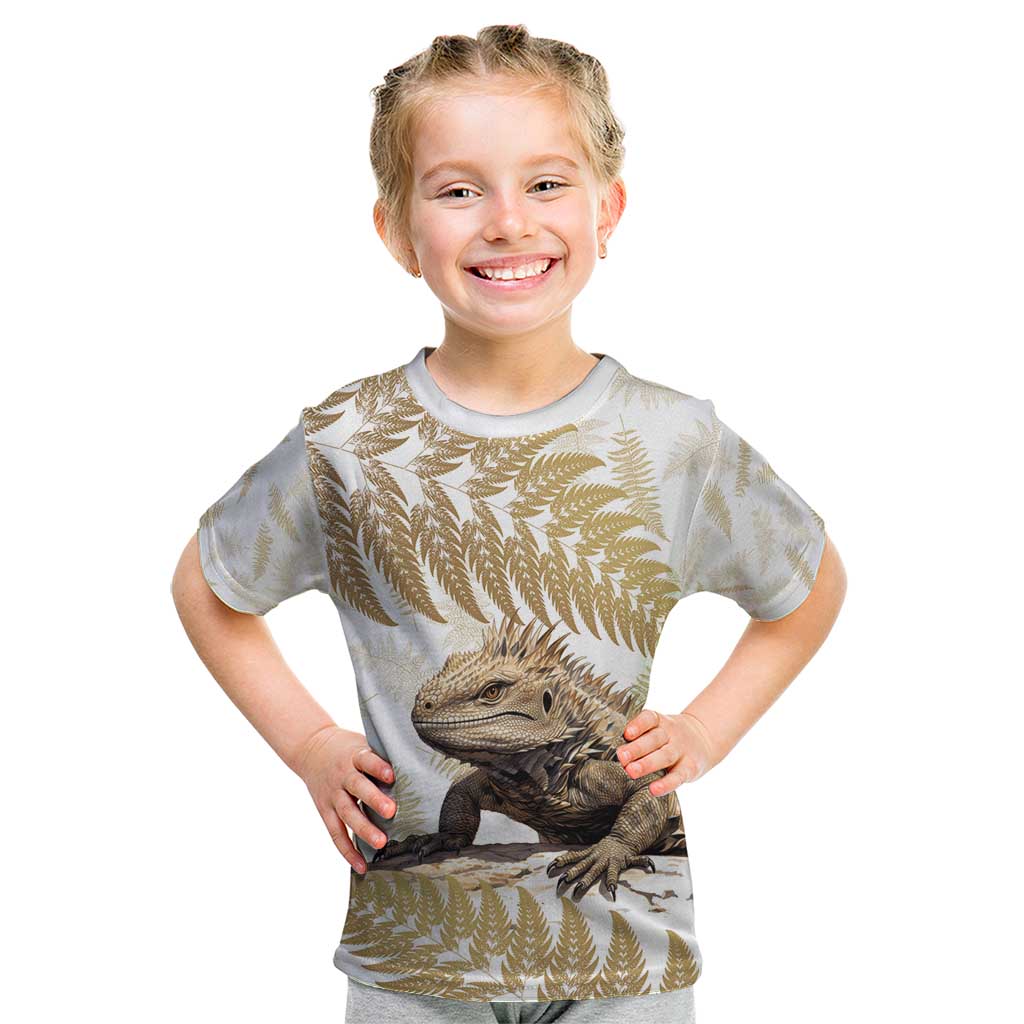 Gold New Zealand Tuatara Kid T Shirt Aotearoa Sphenodon Punctatus Silver Fern