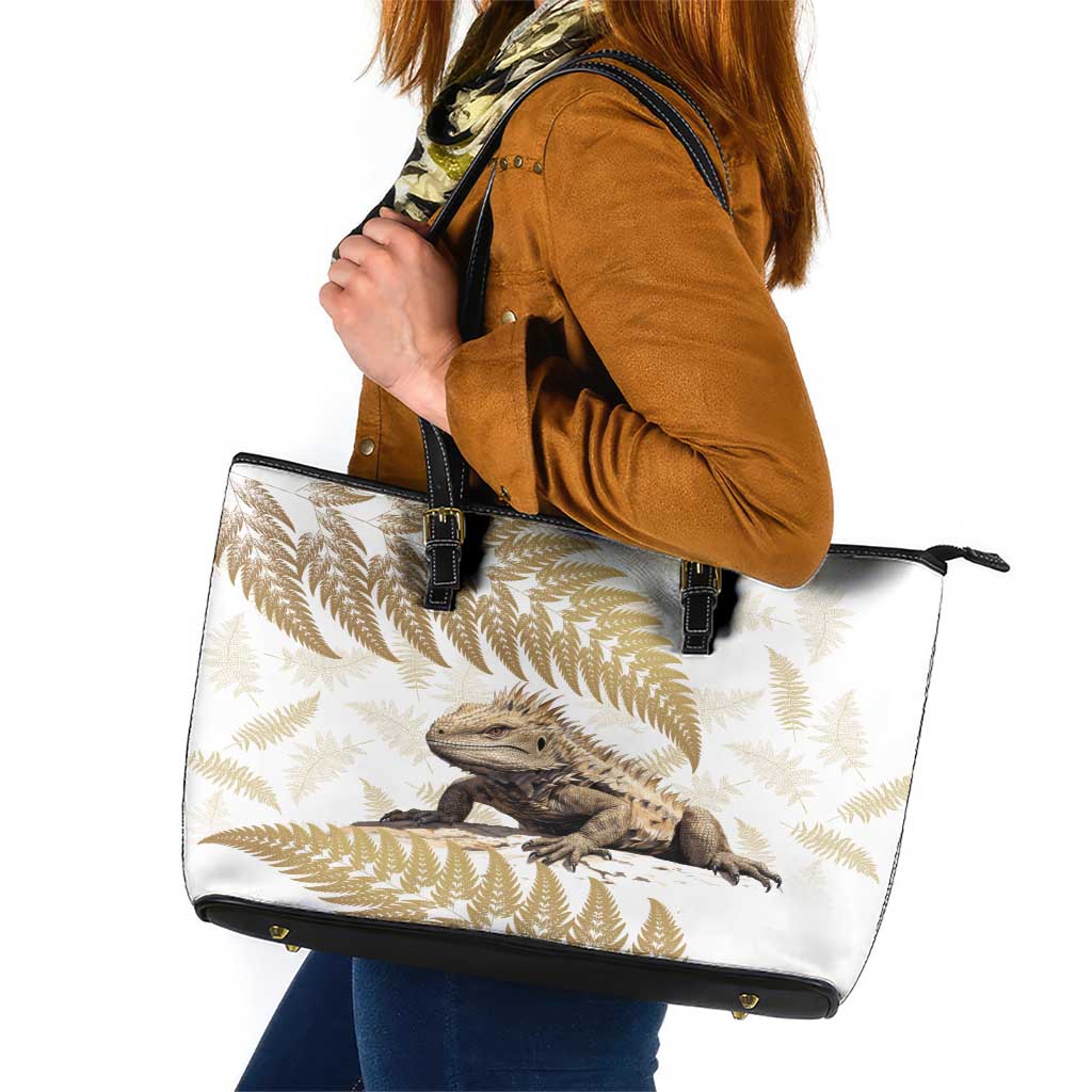 Gold New Zealand Tuatara Leather Tote Bag Aotearoa Sphenodon Punctatus Silver Fern LT14 Gold - Polynesian Pride