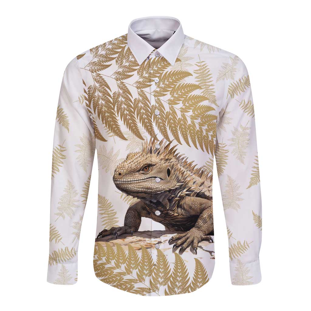 Gold New Zealand Tuatara Long Sleeve Button Shirt Aotearoa Sphenodon Punctatus Silver Fern