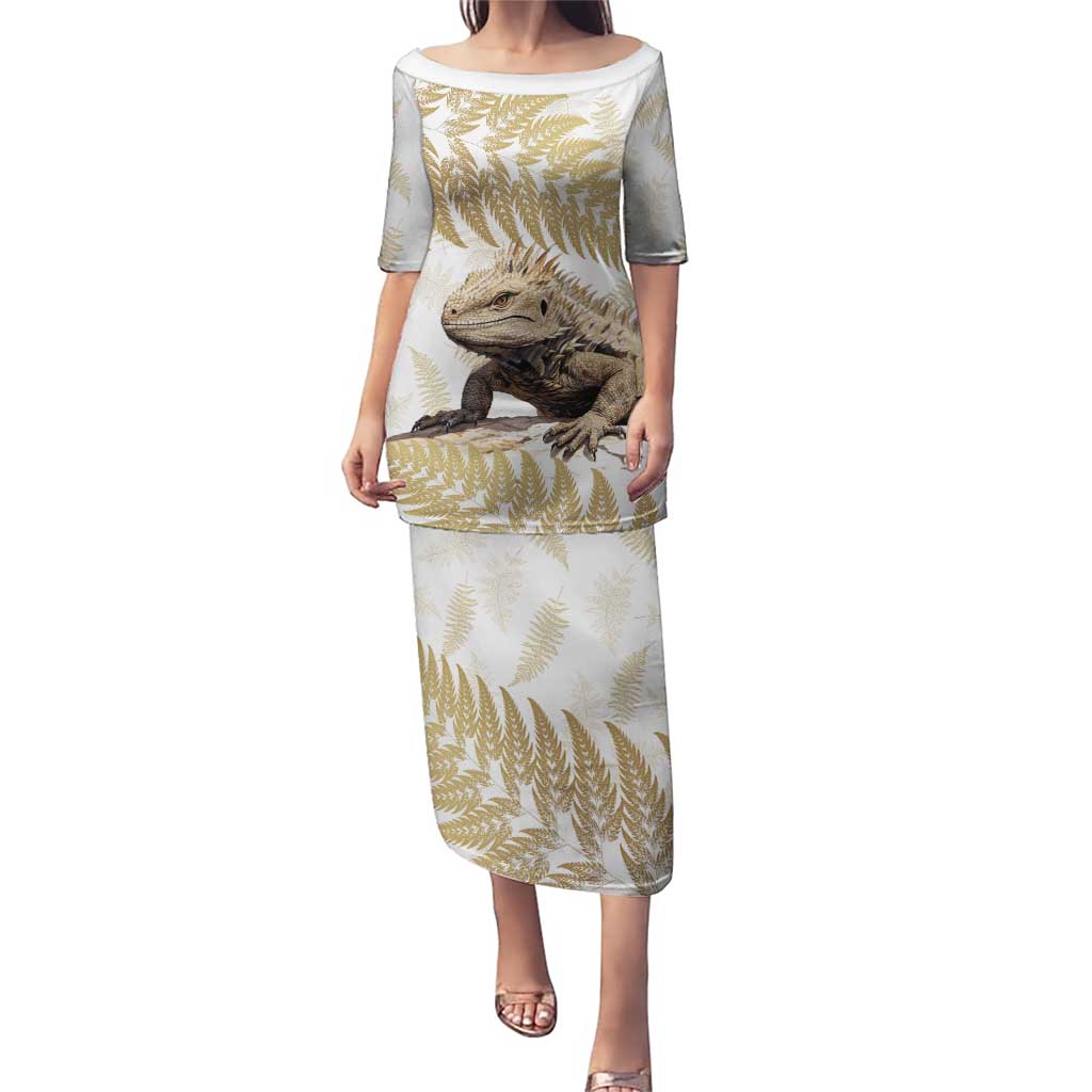 Gold New Zealand Tuatara Puletasi Aotearoa Sphenodon Punctatus Silver Fern LT14 Long Dress Gold - Polynesian Pride
