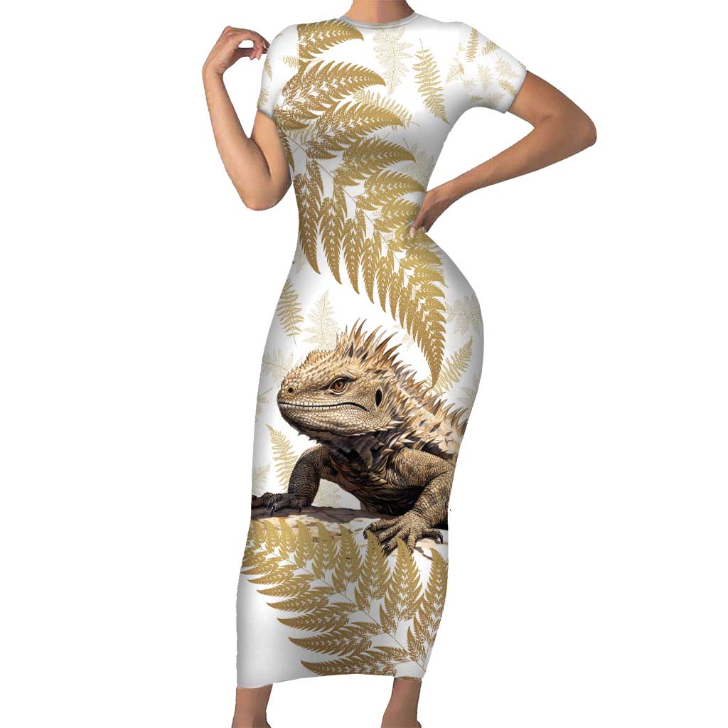 Gold New Zealand Tuatara Short Sleeve Bodycon Dress Aotearoa Sphenodon Punctatus Silver Fern