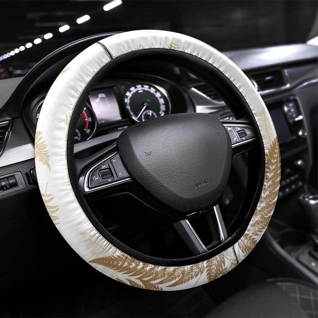 Gold New Zealand Tuatara Steering Wheel Cover Aotearoa Sphenodon Punctatus Silver Fern LT14 Universal Fit Gold - Polynesian Pride