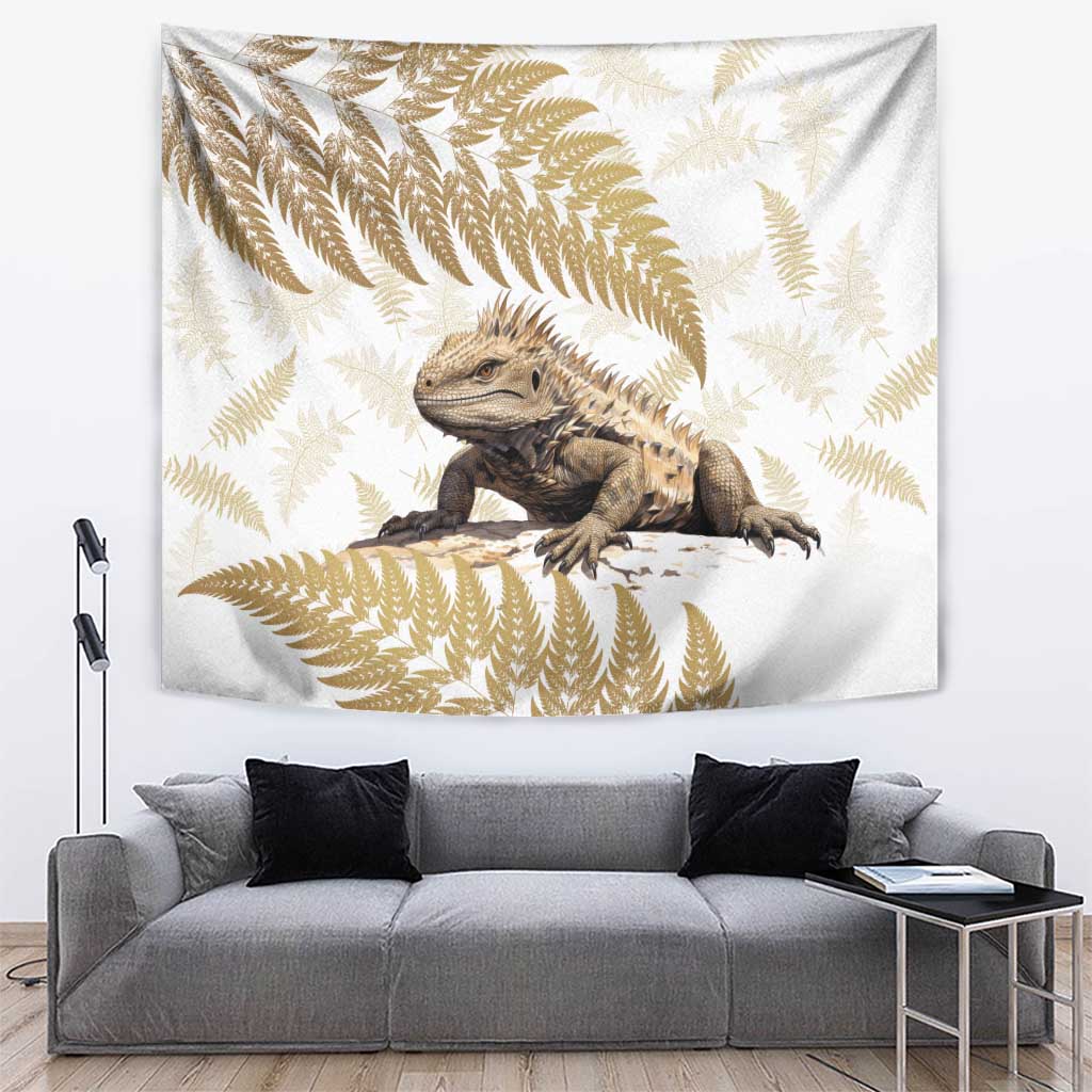 Gold New Zealand Tuatara Tapestry Aotearoa Sphenodon Punctatus Silver Fern