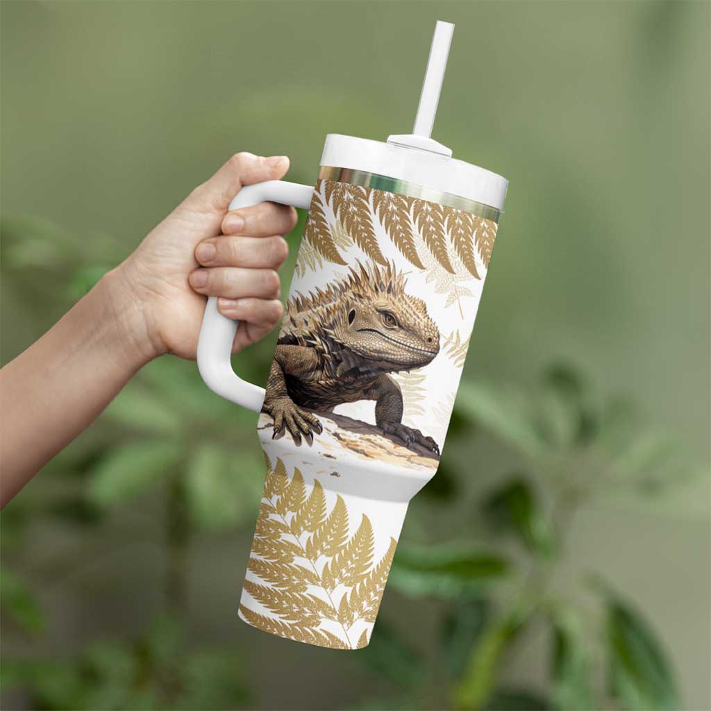 Gold New Zealand Tuatara Tumbler With Handle Aotearoa Sphenodon Punctatus Silver Fern LT14 - Polynesian Pride