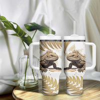 Gold New Zealand Tuatara Tumbler With Handle Aotearoa Sphenodon Punctatus Silver Fern LT14 - Polynesian Pride