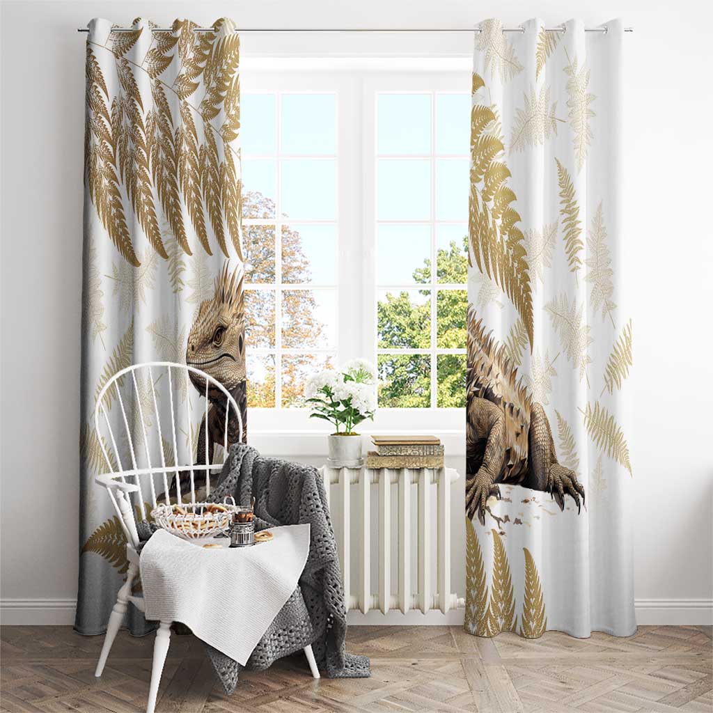 Gold New Zealand Tuatara Window Curtain Aotearoa Sphenodon Punctatus Silver Fern LT14 - Polynesian Pride