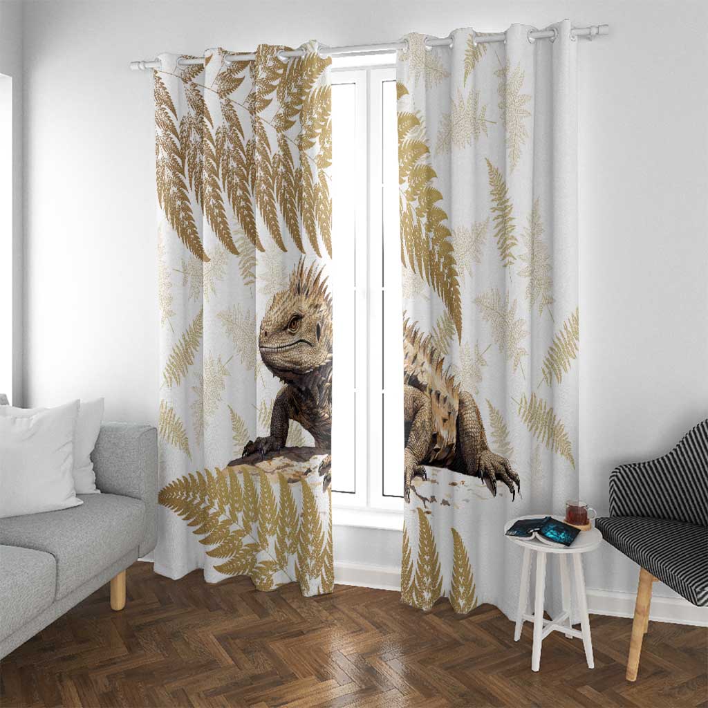Gold New Zealand Tuatara Window Curtain Aotearoa Sphenodon Punctatus Silver Fern LT14 With Grommets Gold - Polynesian Pride
