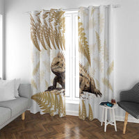 Gold New Zealand Tuatara Window Curtain Aotearoa Sphenodon Punctatus Silver Fern LT14 With Grommets Gold - Polynesian Pride