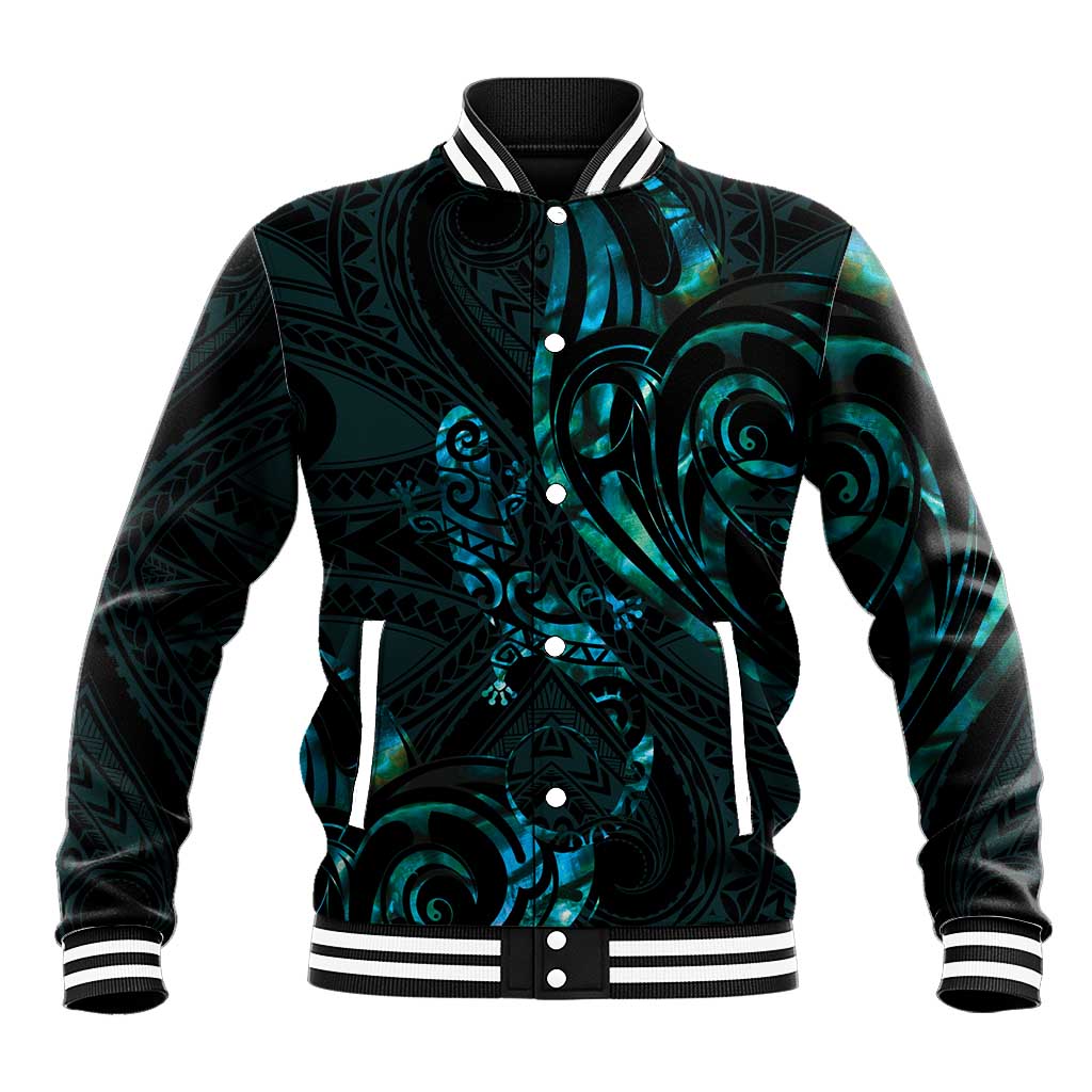 New Zealand Skink Baseball Jacket Aotearoa Maori Mix Paua Shell LT14 Unisex Blue - Polynesian Pride