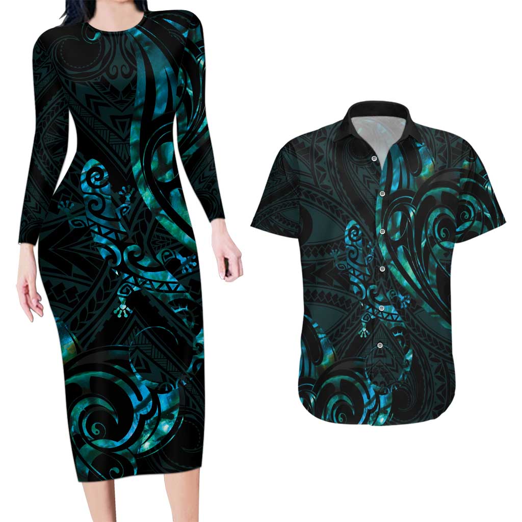 New Zealand Skink Couples Matching Long Sleeve Bodycon Dress and Hawaiian Shirt Aotearoa Maori Mix Paua Shell