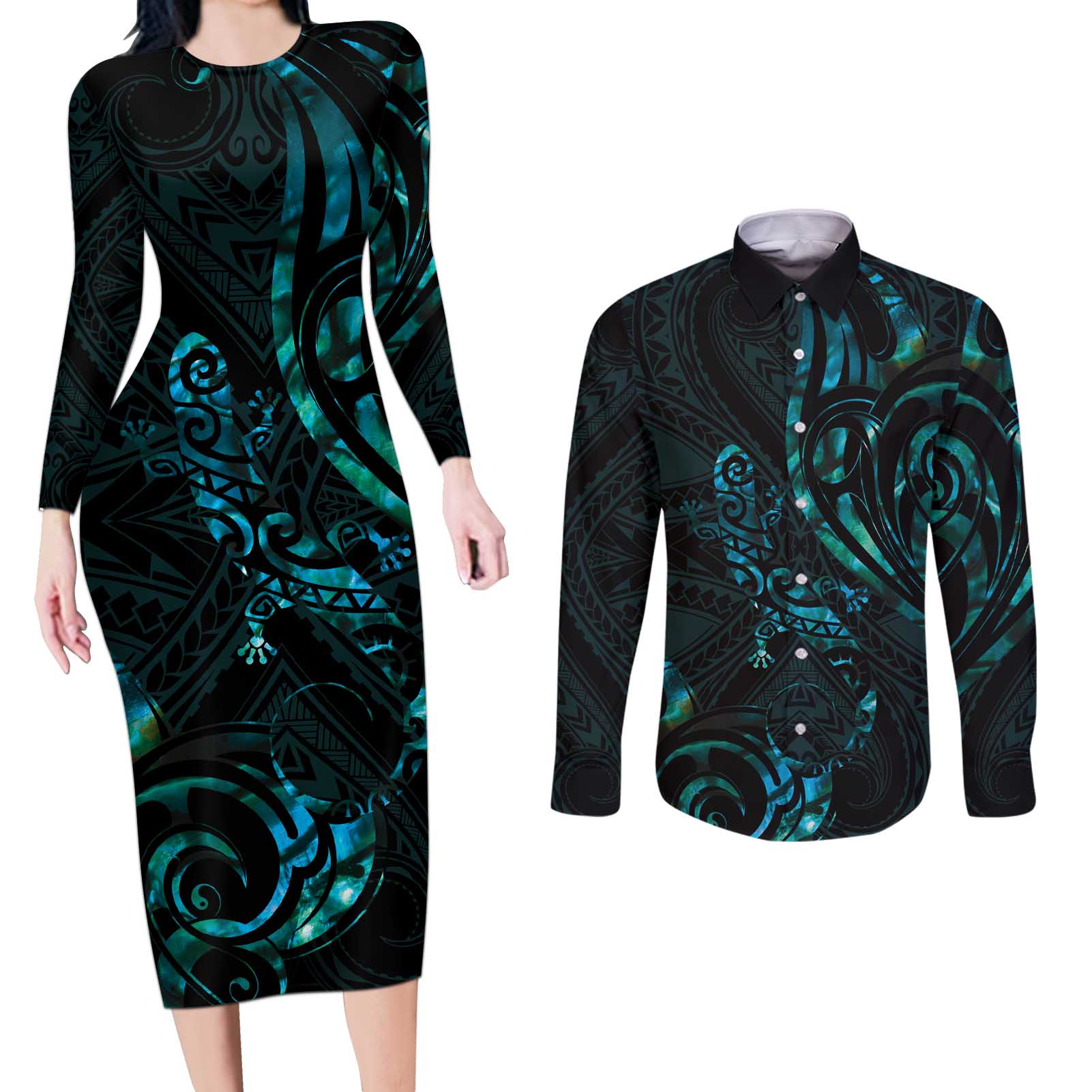 New Zealand Skink Couples Matching Long Sleeve Bodycon Dress and Long Sleeve Button Shirt Aotearoa Maori Mix Paua Shell