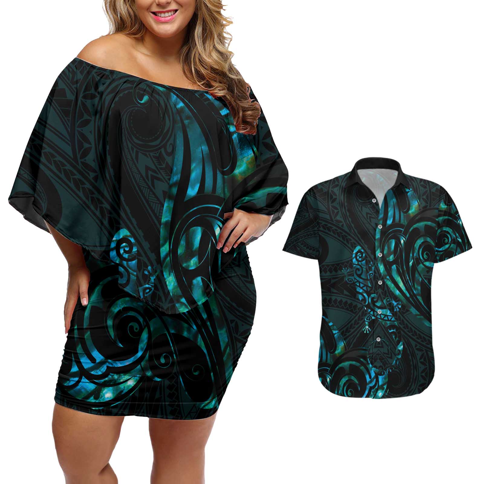 New Zealand Skink Couples Matching Off Shoulder Short Dress and Hawaiian Shirt Aotearoa Maori Mix Paua Shell