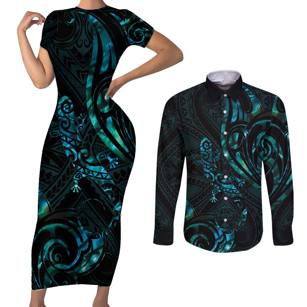 New Zealand Skink Couples Matching Short Sleeve Bodycon Dress and Long Sleeve Button Shirt Aotearoa Maori Mix Paua Shell