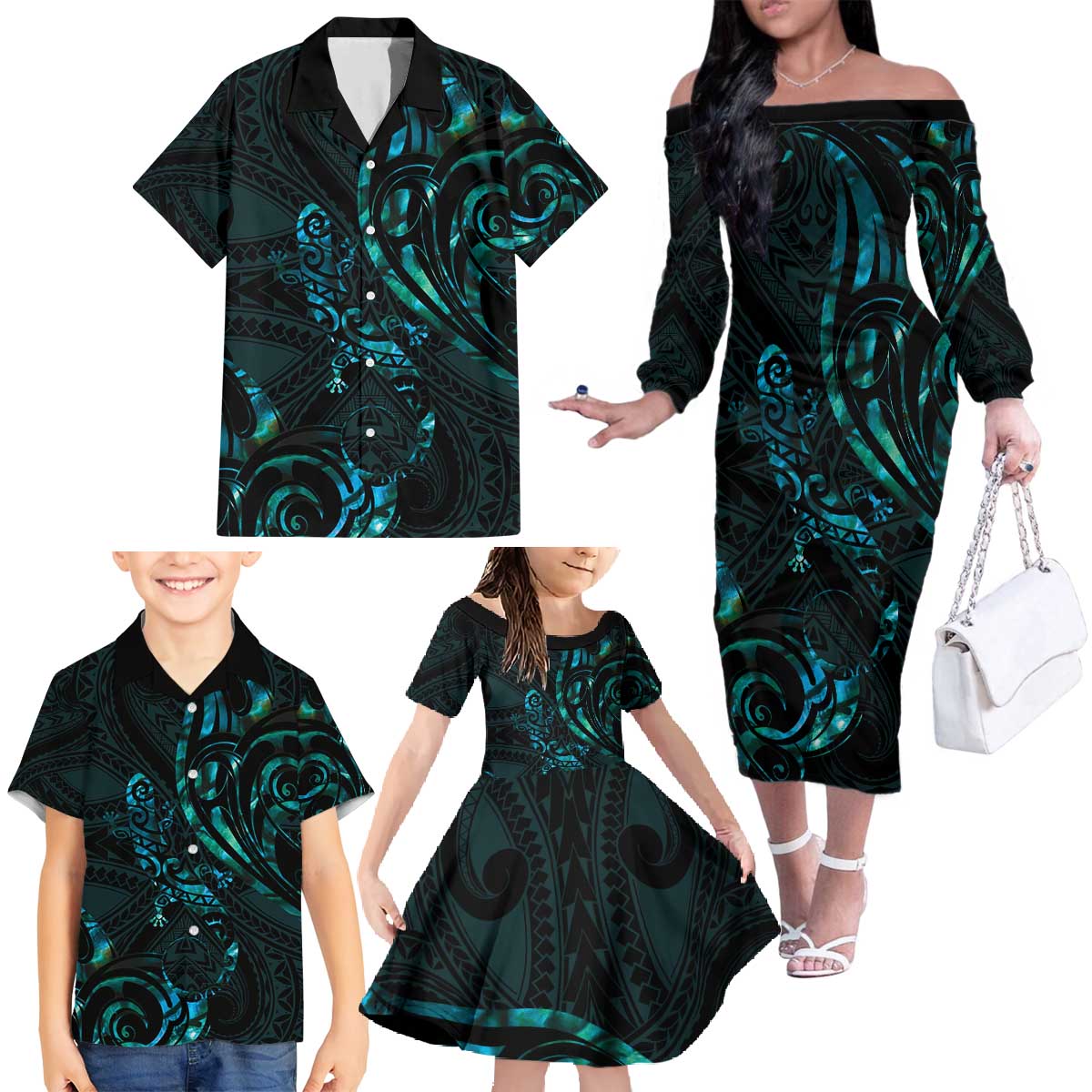 New Zealand Skink Family Matching Off The Shoulder Long Sleeve Dress and Hawaiian Shirt Aotearoa Maori Mix Paua Shell