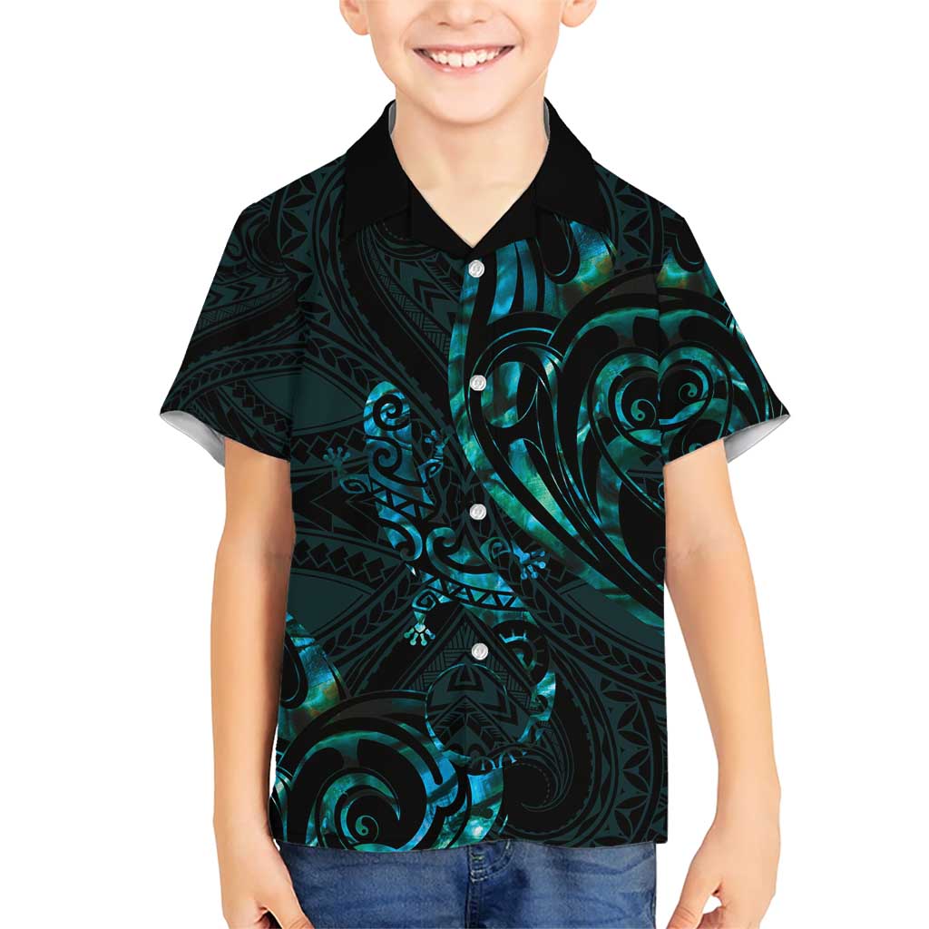 New Zealand Skink Family Matching Short Sleeve Bodycon Dress and Hawaiian Shirt Aotearoa Maori Mix Paua Shell