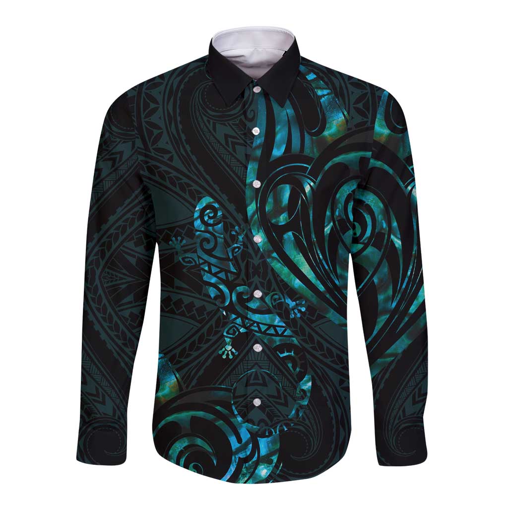 New Zealand Skink Long Sleeve Button Shirt Aotearoa Maori Mix Paua Shell