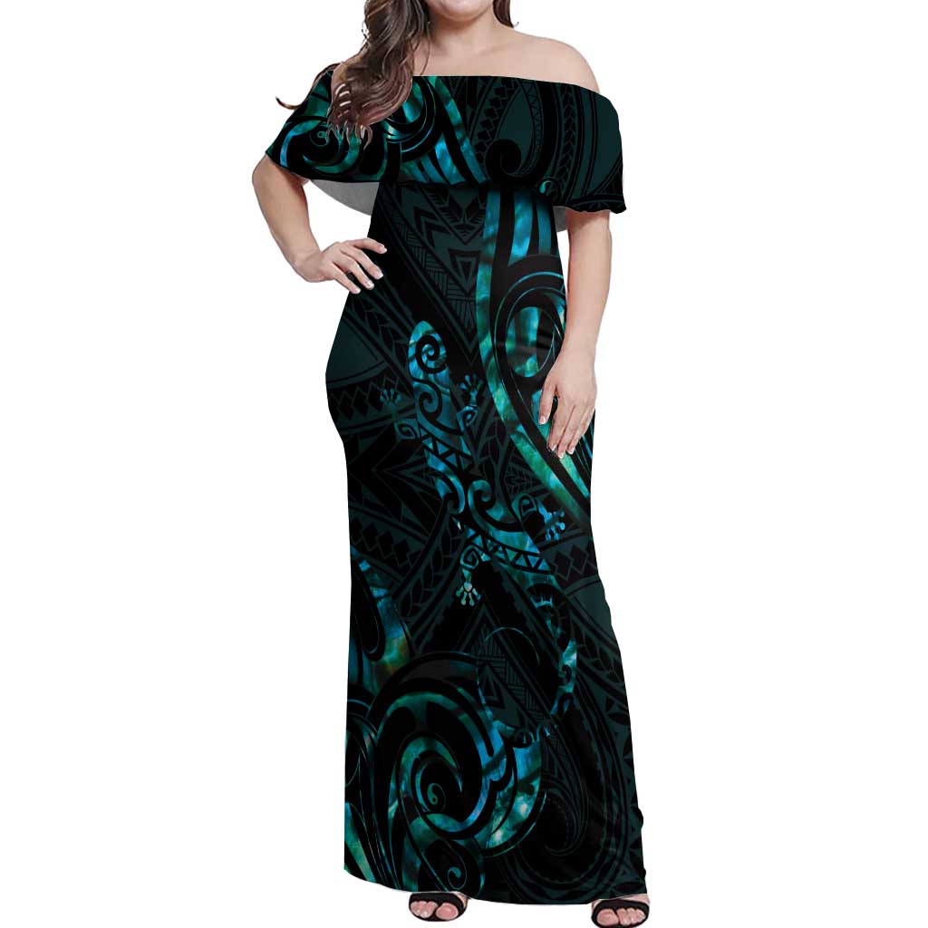 New Zealand Skink Off Shoulder Maxi Dress Aotearoa Maori Mix Paua Shell LT14 Women Blue - Polynesian Pride