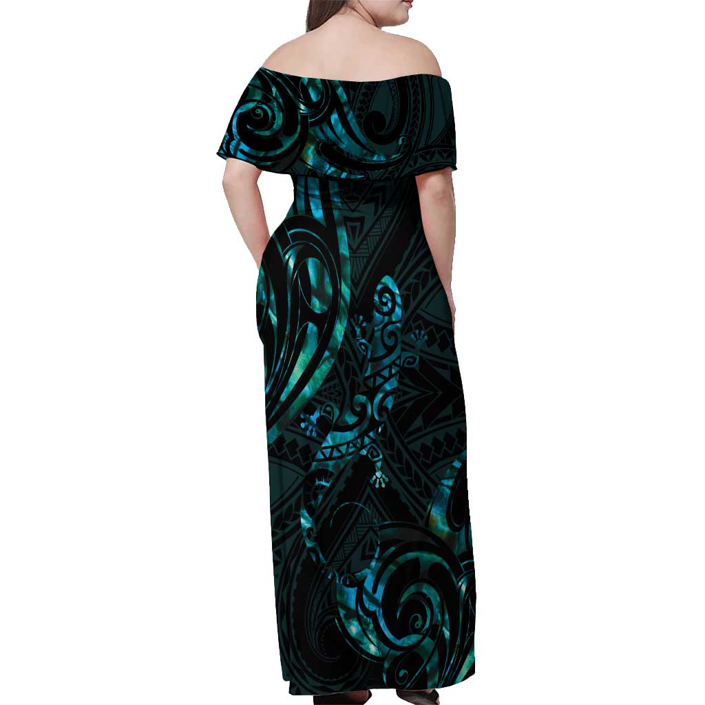 New Zealand Skink Off Shoulder Maxi Dress Aotearoa Maori Mix Paua Shell LT14 - Polynesian Pride