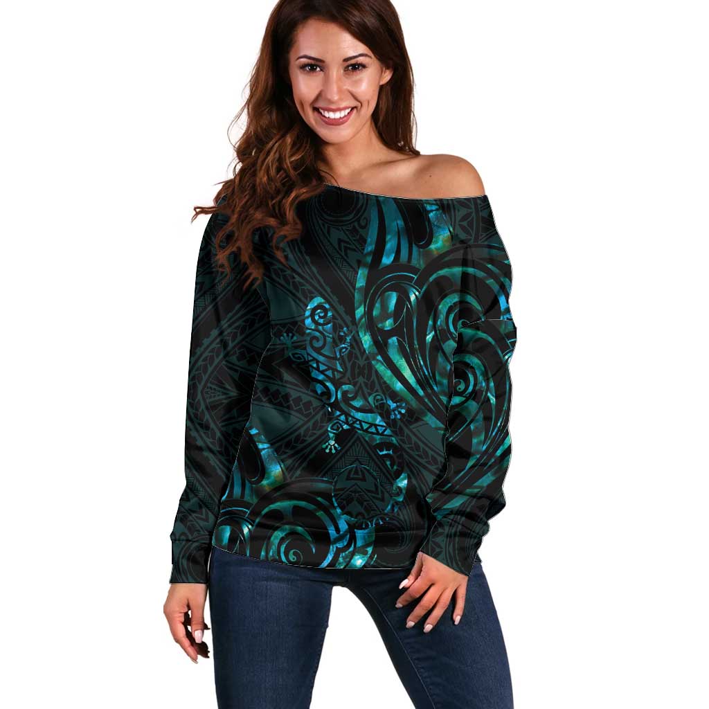 New Zealand Skink Off Shoulder Sweater Aotearoa Maori Mix Paua Shell