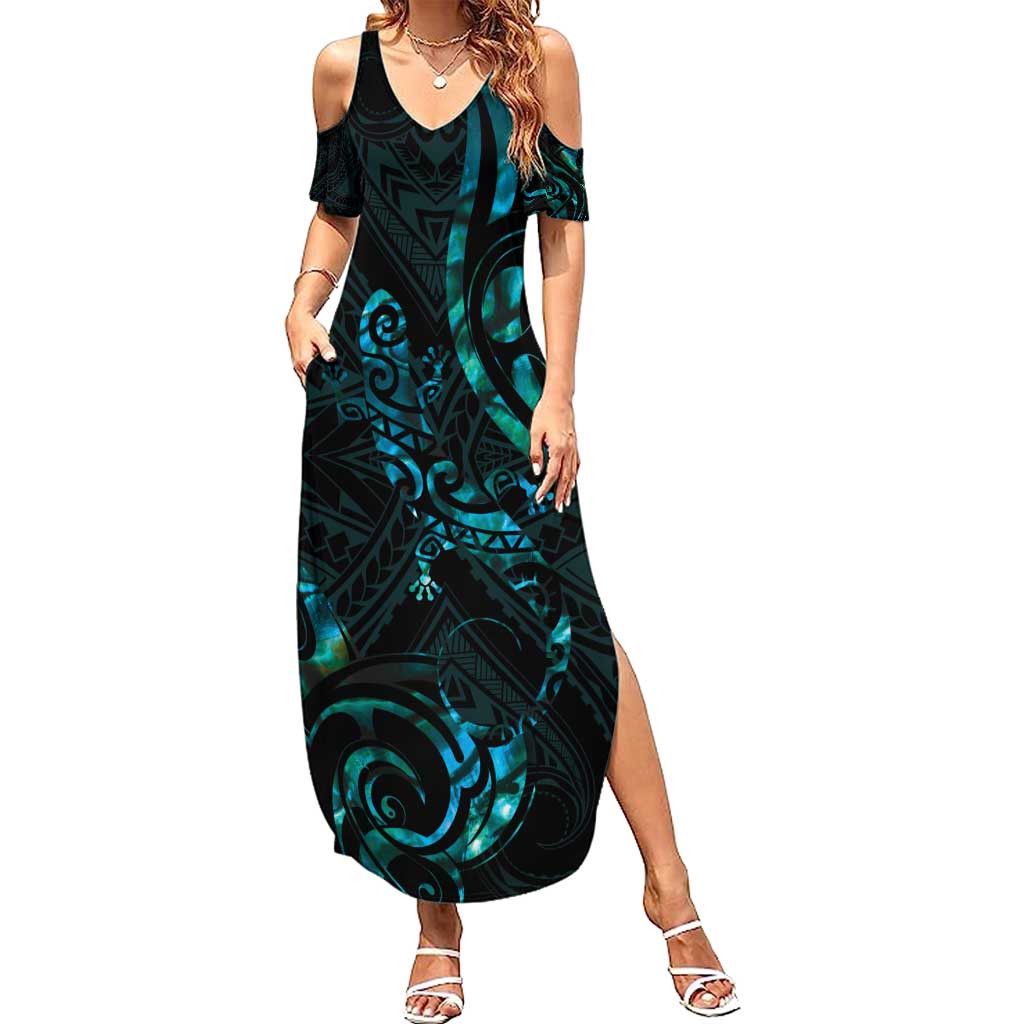 New Zealand Skink Summer Maxi Dress Aotearoa Maori Mix Paua Shell